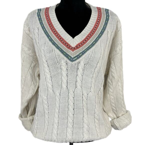 Y2K Cable Knit Sweater - Heavy Preppy V Neck - Dark Academia - Size L - Picture 1 of 8